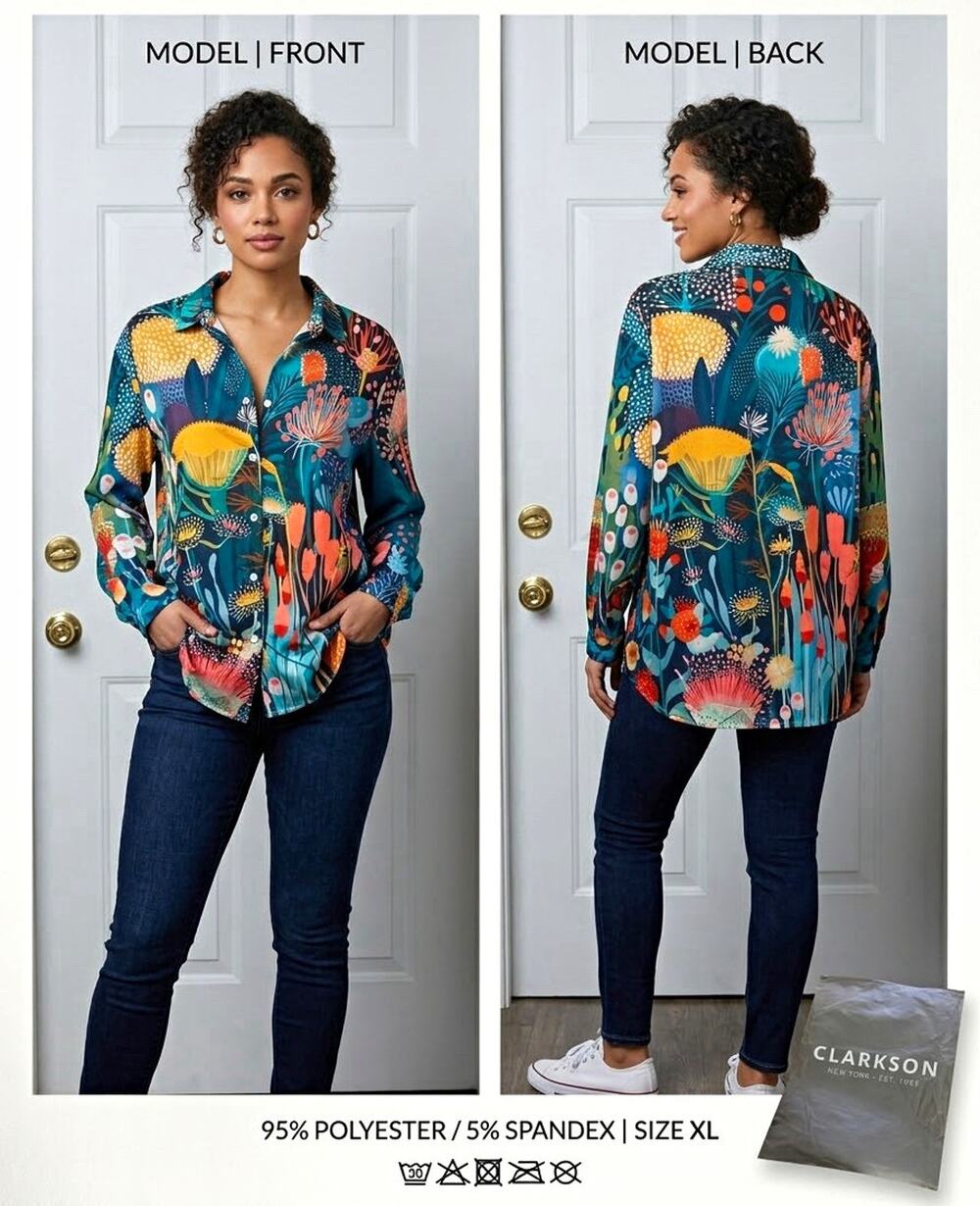Clarkson New York Abstract Botanical Floral Stretch Button Up Top Size XL